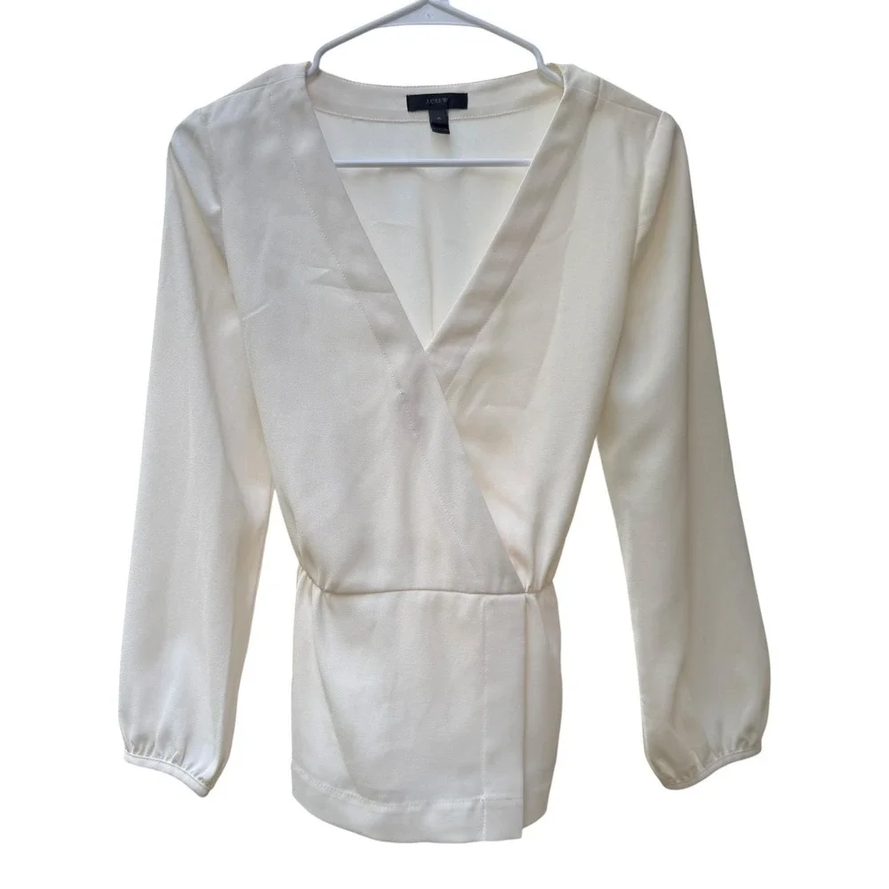 J.Crew Ivory Satin Wrap Blouse V Neck Long Sleeve Quiet Luxury Minimalist